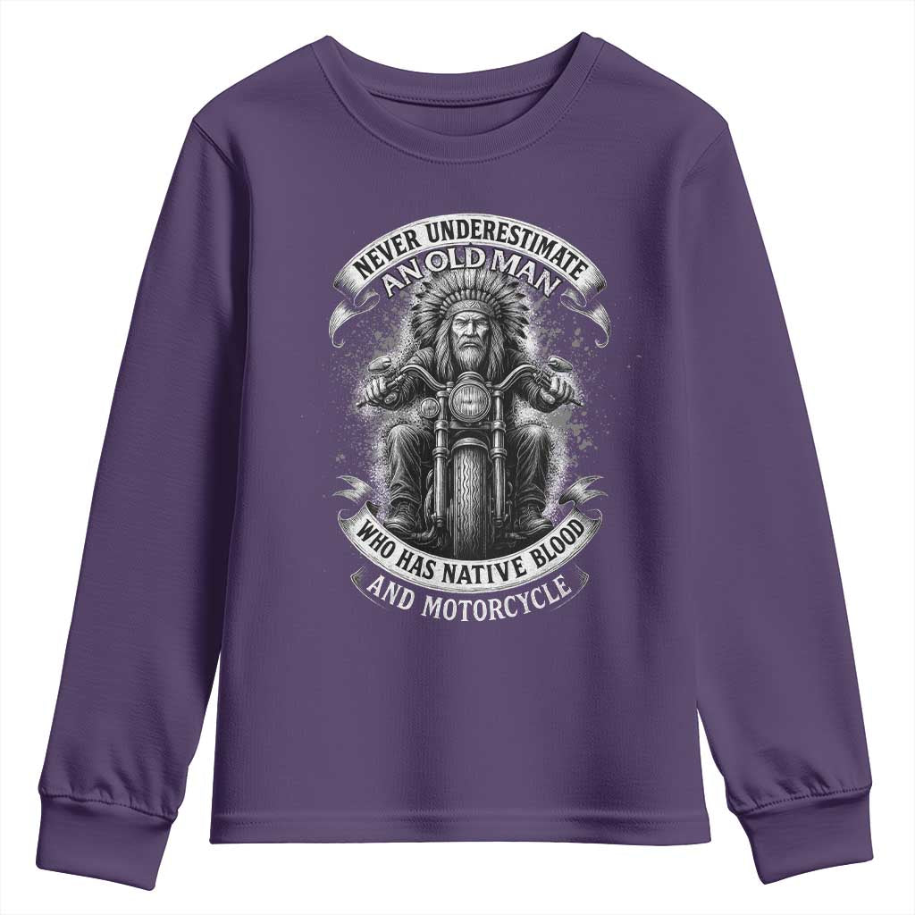Never Underestimate An Old Man Who Has Native Blood And Motorcycle Youth Sweatshirt Native American Biker - Wonder Print Shop