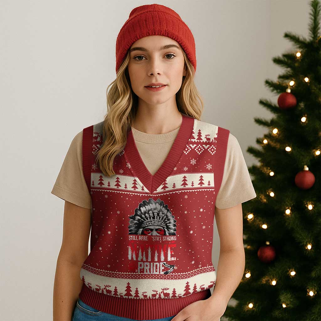 Still Here Still Strong Native Pride V-Neck Knit Sweater Vest Native American Feather - Wonder Print Shop