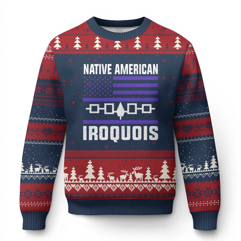 Native American Iroquois Ugly Christmas Sweater Haudenosaunee Nation Vintage USA Flag - Wonder Print Shop