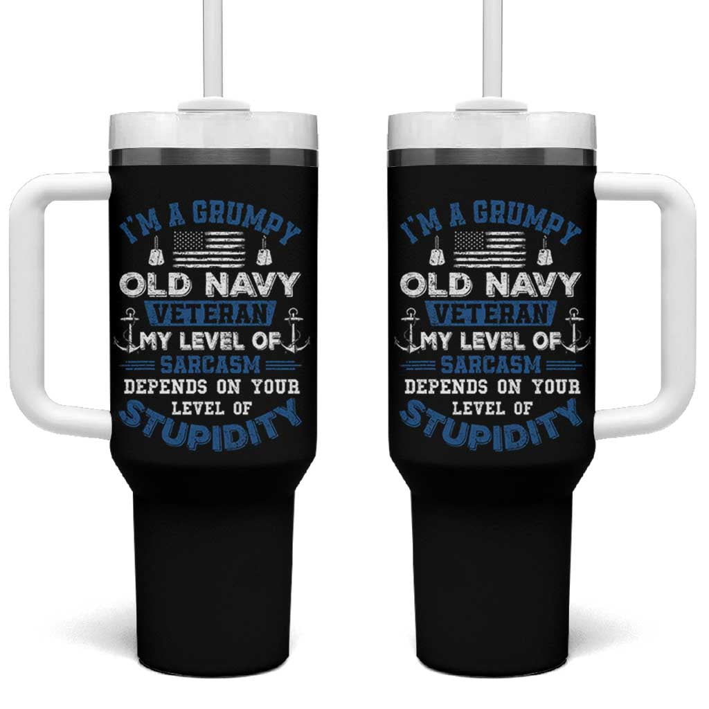 I Am A Grumpy Old Navy Veteran My Level Of Sarcasm Depends On Your Level Of Stupidity Tumbler With Handle - Wonder Print Shop