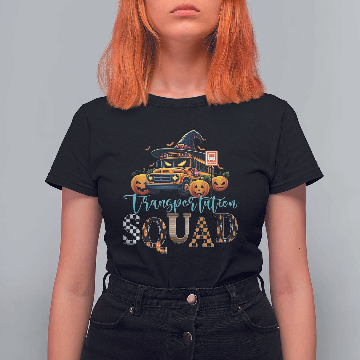 Halloween School Bus Driver T Shirt For Women Transportation Squad Pumpkin Witch - Wonder Print Shop