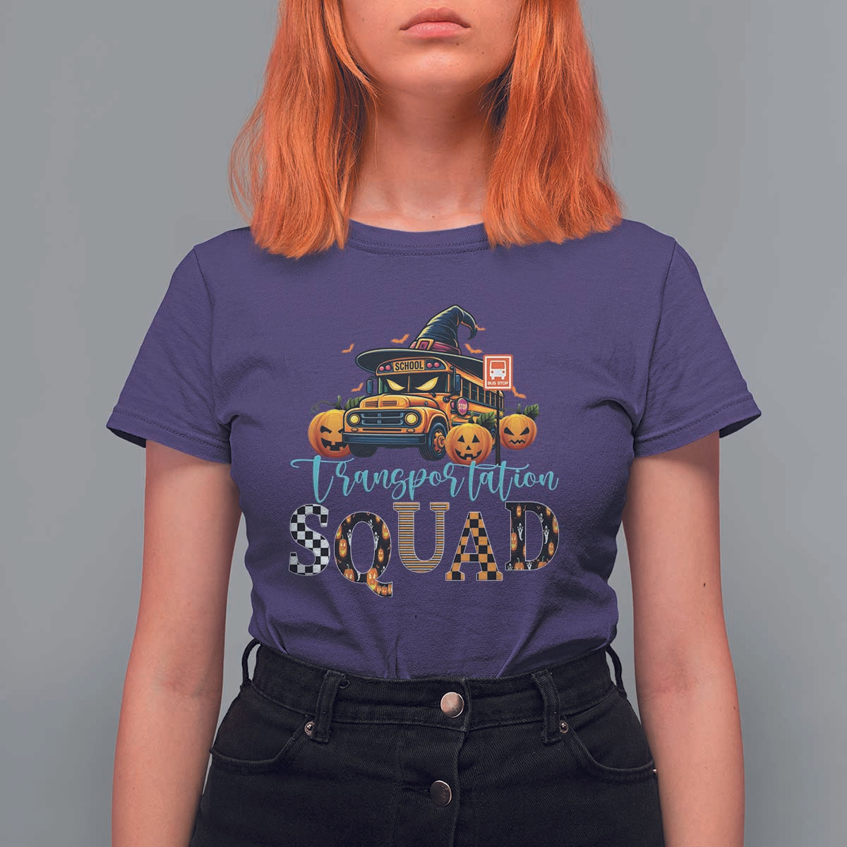 Halloween School Bus Driver T Shirt For Women Transportation Squad Pumpkin Witch - Wonder Print Shop
