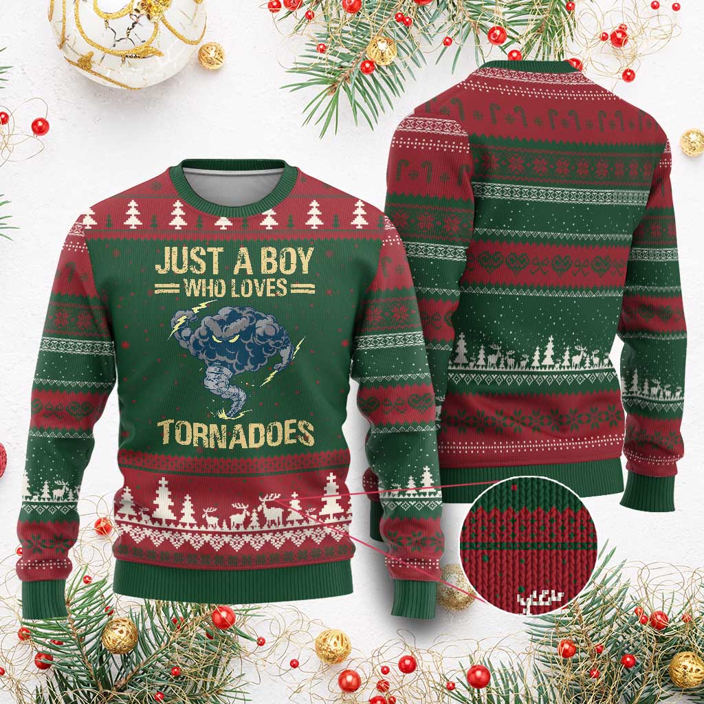 Tornado Chaser Ugly Christmas Sweater Just A Boy Who Loves Tornadoes Storm Thunder - Wonder Print Shop