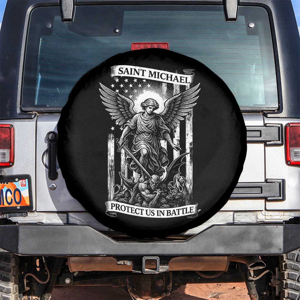Saint Michael Protect Us In Battle Spare Tire Cover American Flag Catholic Christian Faith - Wonder Print Shop