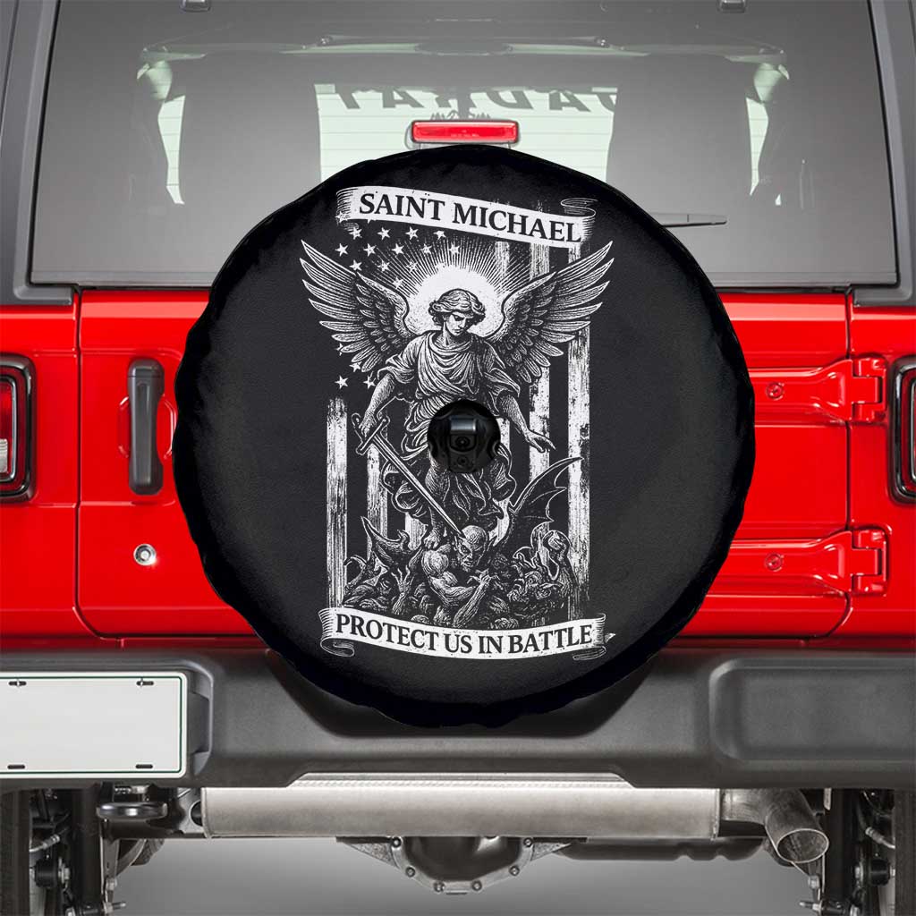 Saint Michael Protect Us In Battle Spare Tire Cover American Flag Catholic Christian Faith - Wonder Print Shop