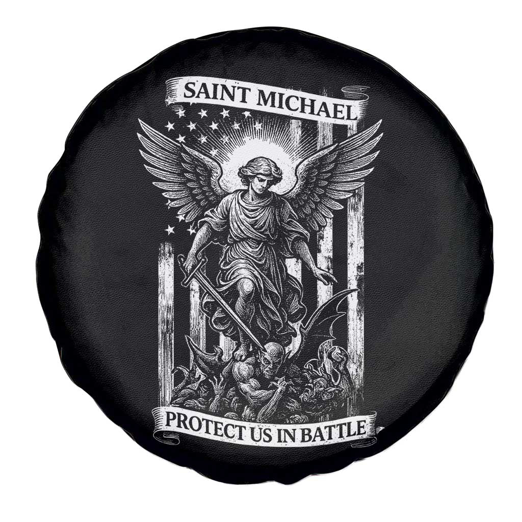 Saint Michael Protect Us In Battle Spare Tire Cover American Flag Catholic Christian Faith - Wonder Print Shop
