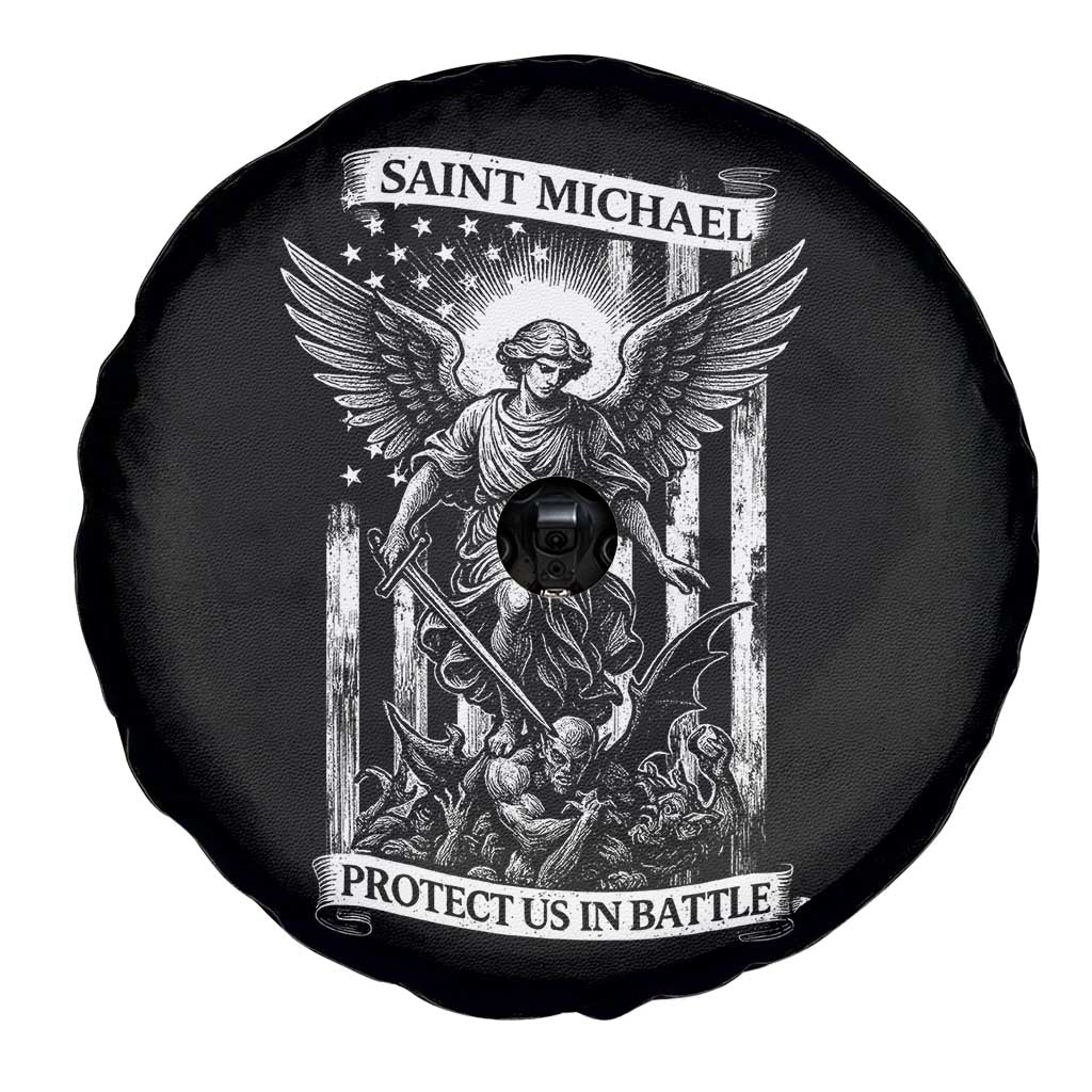 Saint Michael Protect Us In Battle Spare Tire Cover American Flag Catholic Christian Faith - Wonder Print Shop