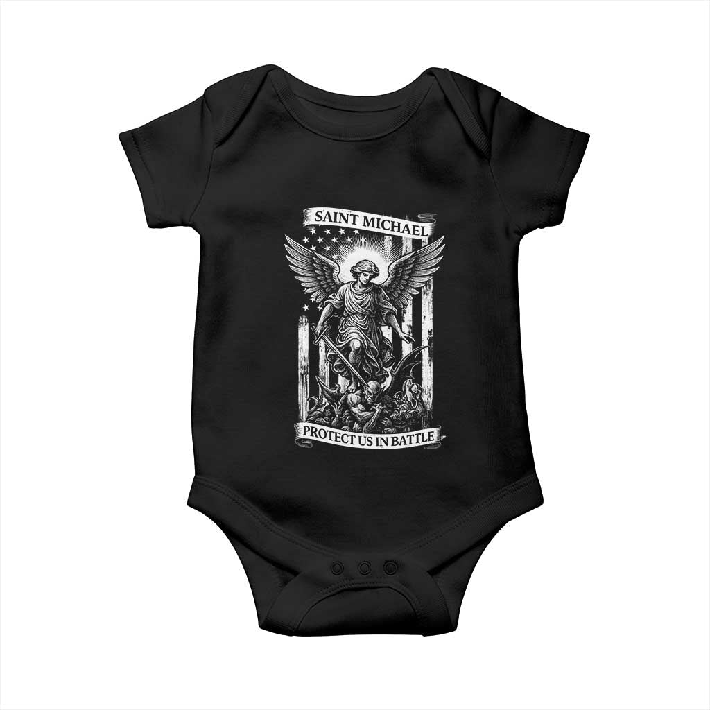 Saint Michael Protect Us In Battle Baby Onesie American Flag Catholic Christian Faith - Wonder Print Shop