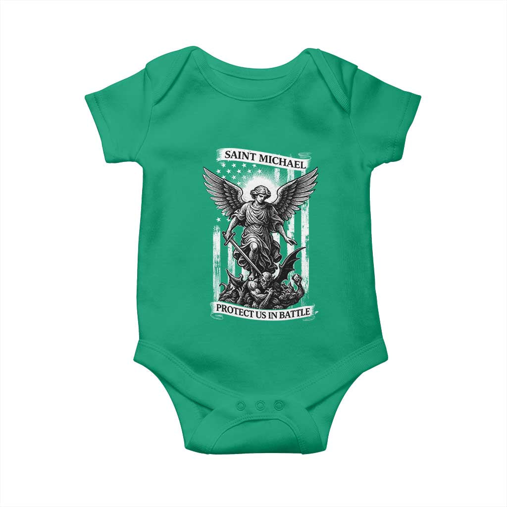 Saint Michael Protect Us In Battle Baby Onesie American Flag Catholic Christian Faith - Wonder Print Shop