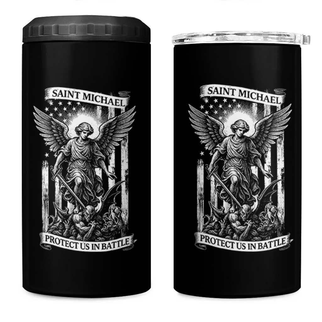 Saint Michael Protect Us In Battle 4 in 1 Can Cooler Tumbler American Flag Catholic Christian Faith - Wonder Print Shop