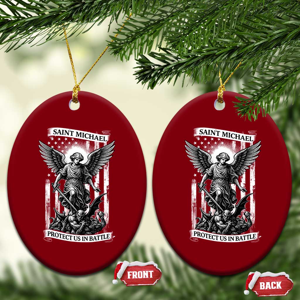 Saint Michael Protect Us In Battle Ceramic Ornament American Flag Catholic Christian Faith - Wonder Print Shop
