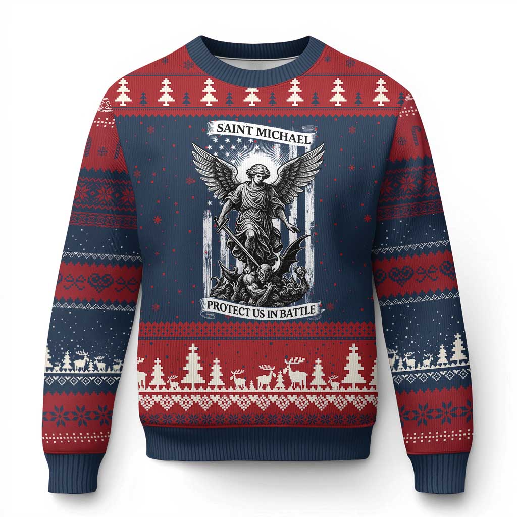 Saint Michael Protect Us In Battle Ugly Christmas Sweater American Flag Catholic Christian Faith - Wonder Print Shop