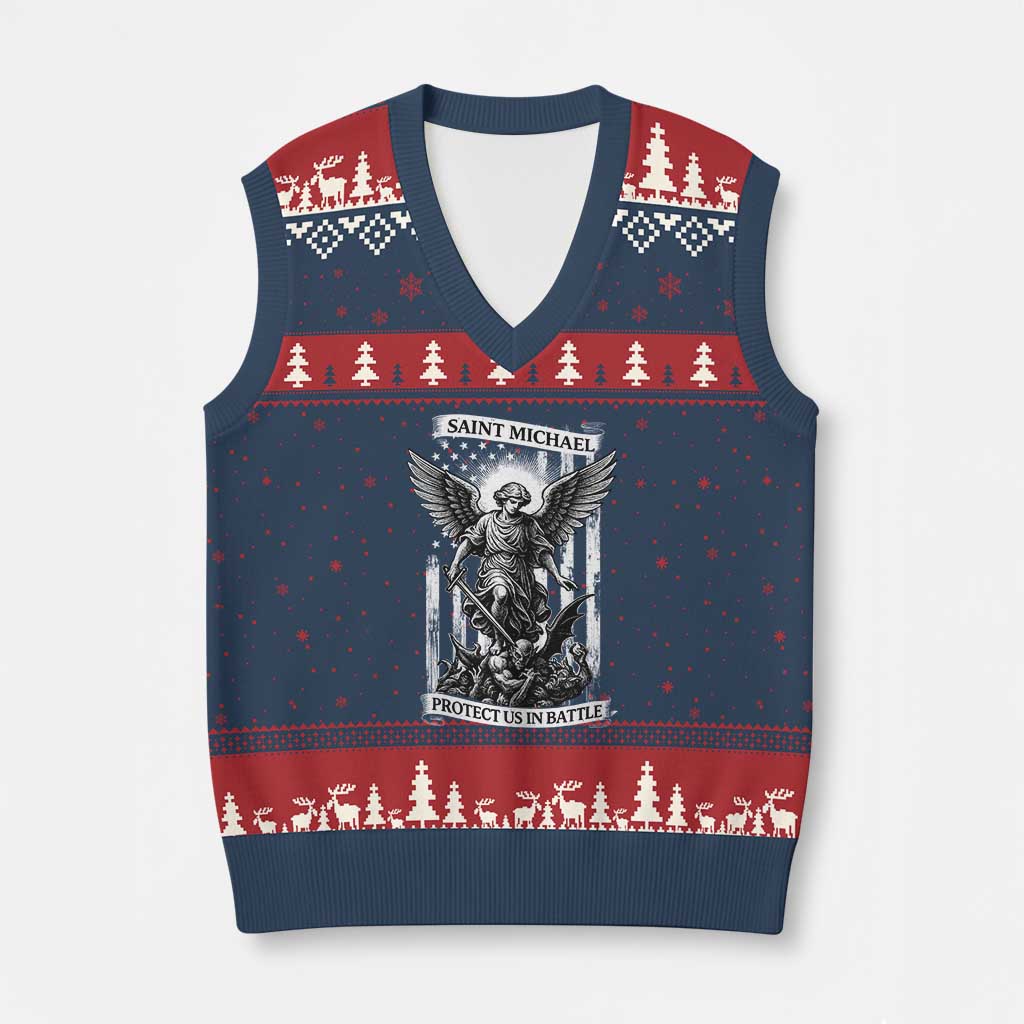 Saint Michael Protect Us In Battle V-Neck Knit Sweater Vest American Flag Catholic Christian Faith - Wonder Print Shop
