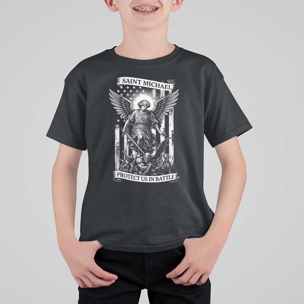 Saint Michael Protect Us In Battle T Shirt For Kid American Flag Catholic Christian Faith - Wonder Print Shop