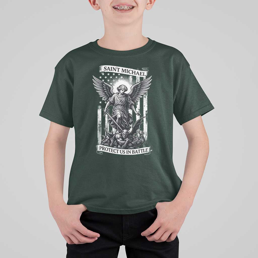 Saint Michael Protect Us In Battle T Shirt For Kid American Flag Catholic Christian Faith - Wonder Print Shop