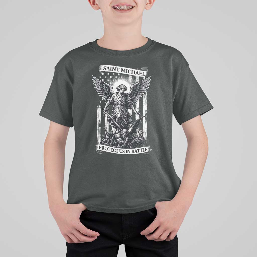 Saint Michael Protect Us In Battle T Shirt For Kid American Flag Catholic Christian Faith - Wonder Print Shop