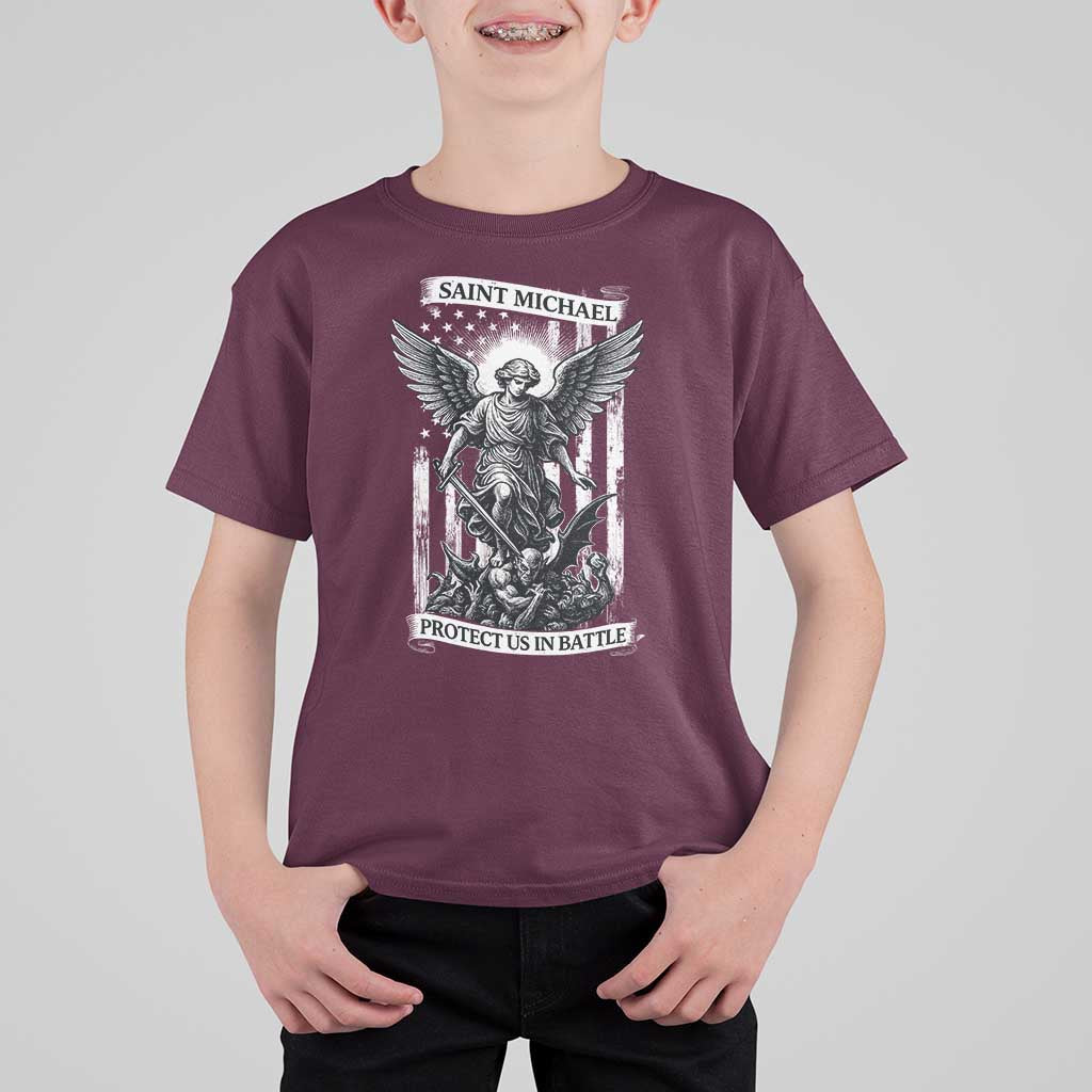 Saint Michael Protect Us In Battle T Shirt For Kid American Flag Catholic Christian Faith - Wonder Print Shop