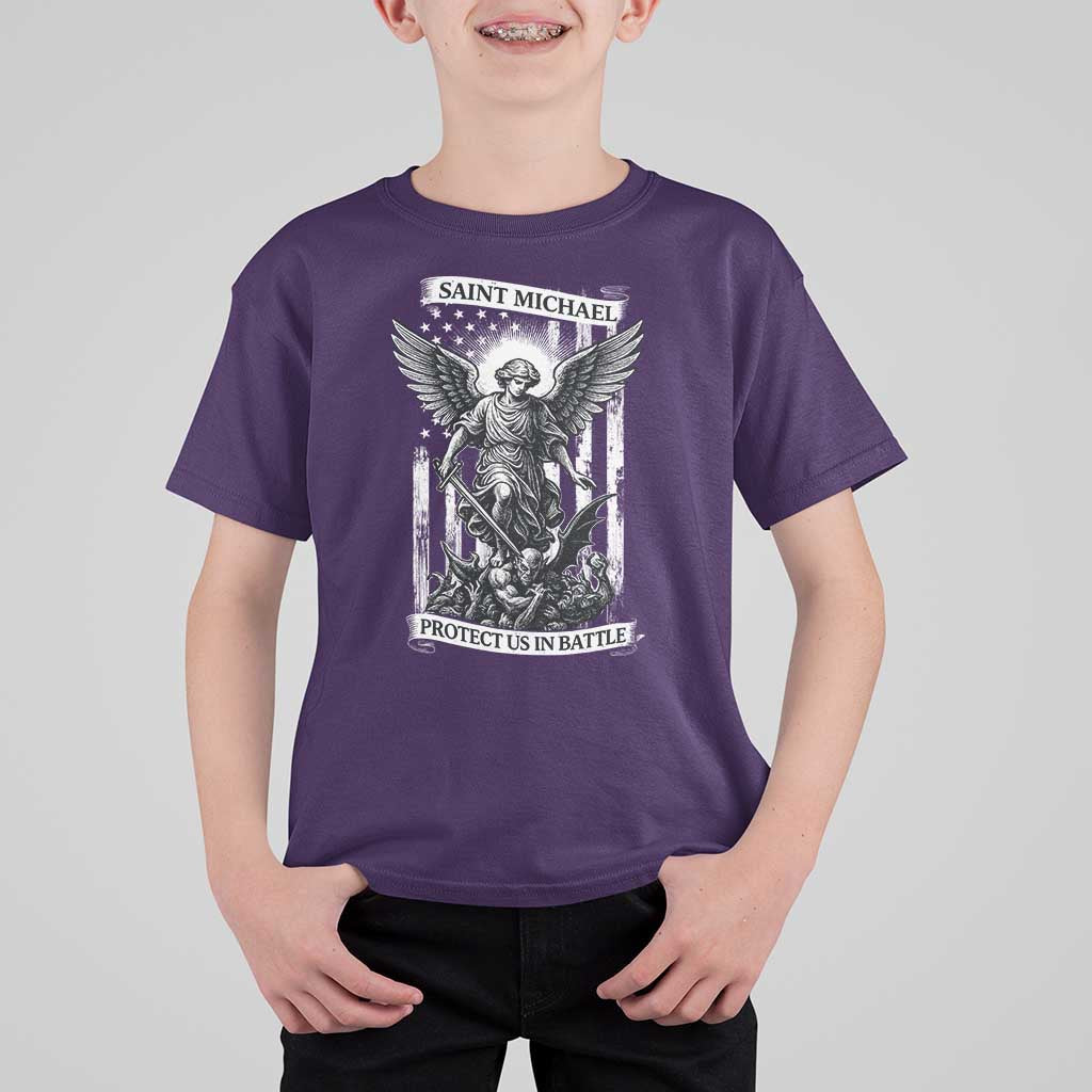 Saint Michael Protect Us In Battle T Shirt For Kid American Flag Catholic Christian Faith - Wonder Print Shop