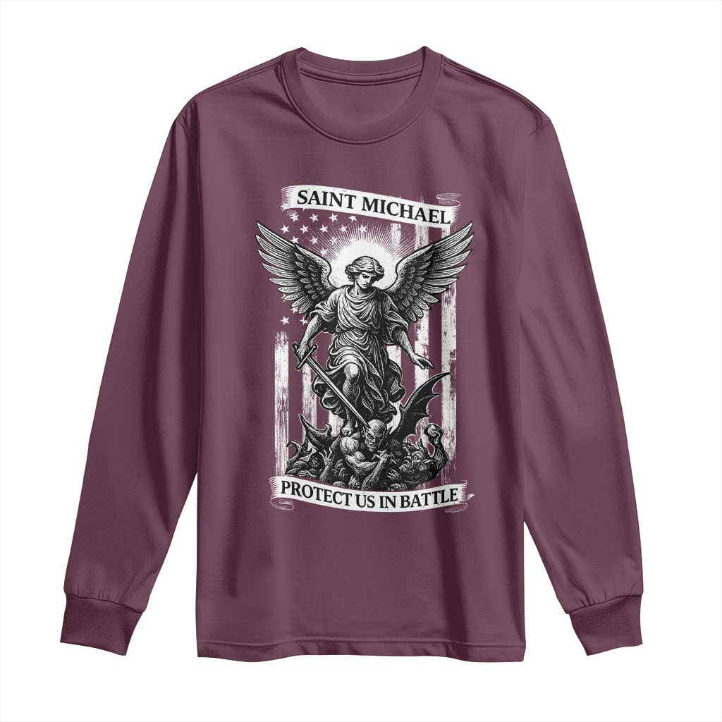 Saint Michael Protect Us In Battle Long Sleeve Shirt American Flag Catholic Christian Faith - Wonder Print Shop