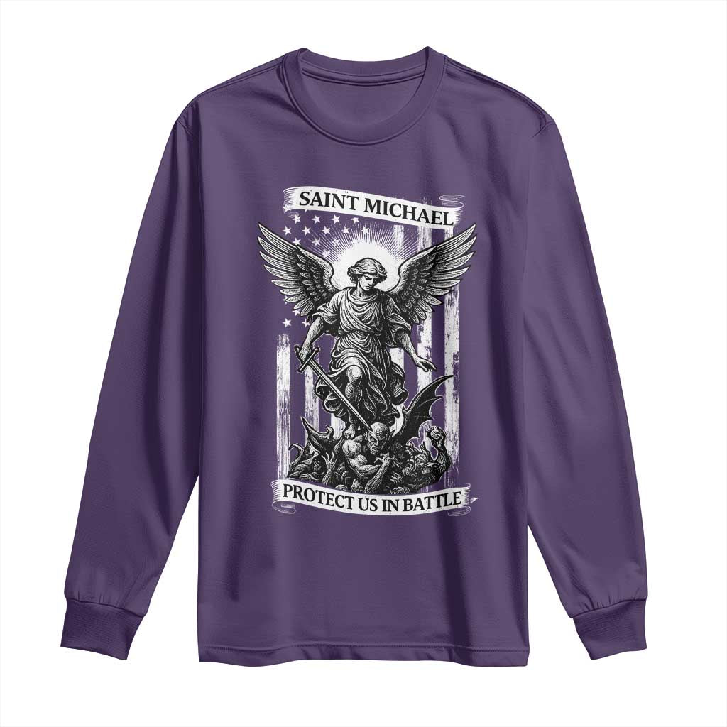 Saint Michael Protect Us In Battle Long Sleeve Shirt American Flag Catholic Christian Faith - Wonder Print Shop