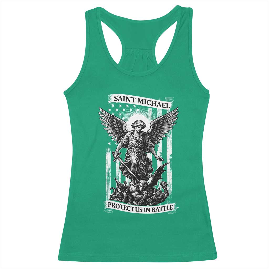 Saint Michael Protect Us In Battle Racerback Tank Top American Flag Catholic Christian Faith - Wonder Print Shop