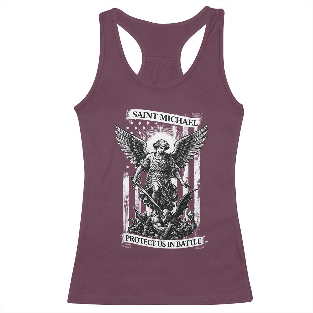 Saint Michael Protect Us In Battle Racerback Tank Top American Flag Catholic Christian Faith - Wonder Print Shop
