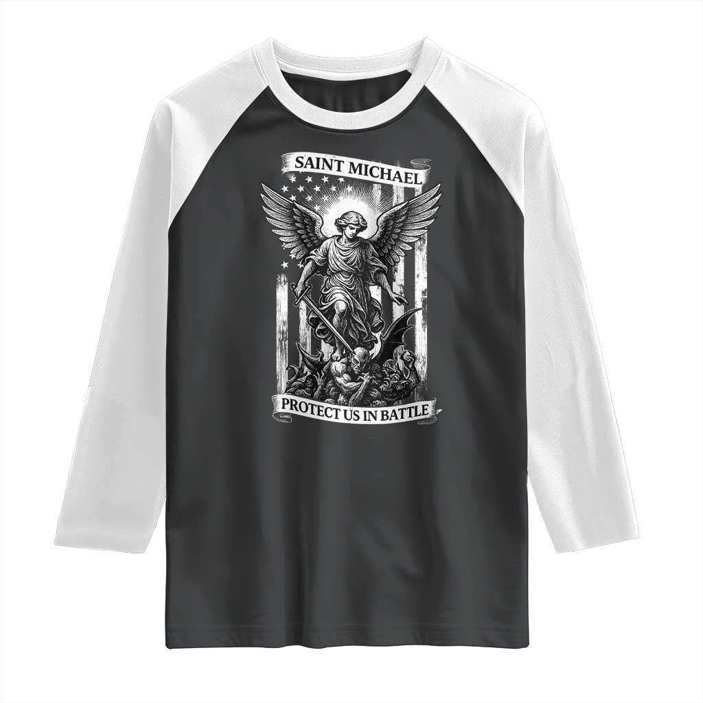 Saint Michael Protect Us In Battle Raglan Shirt American Flag Catholic Christian Faith - Wonder Print Shop