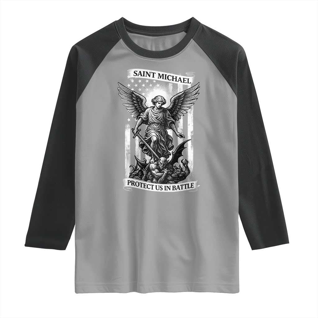 Saint Michael Protect Us In Battle Raglan Shirt American Flag Catholic Christian Faith - Wonder Print Shop