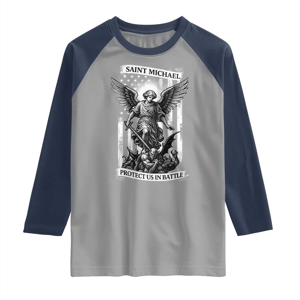 Saint Michael Protect Us In Battle Raglan Shirt American Flag Catholic Christian Faith - Wonder Print Shop