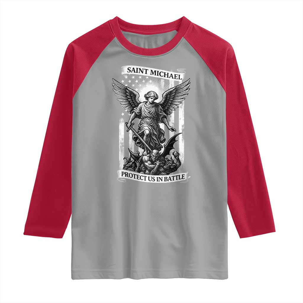 Saint Michael Protect Us In Battle Raglan Shirt American Flag Catholic Christian Faith - Wonder Print Shop