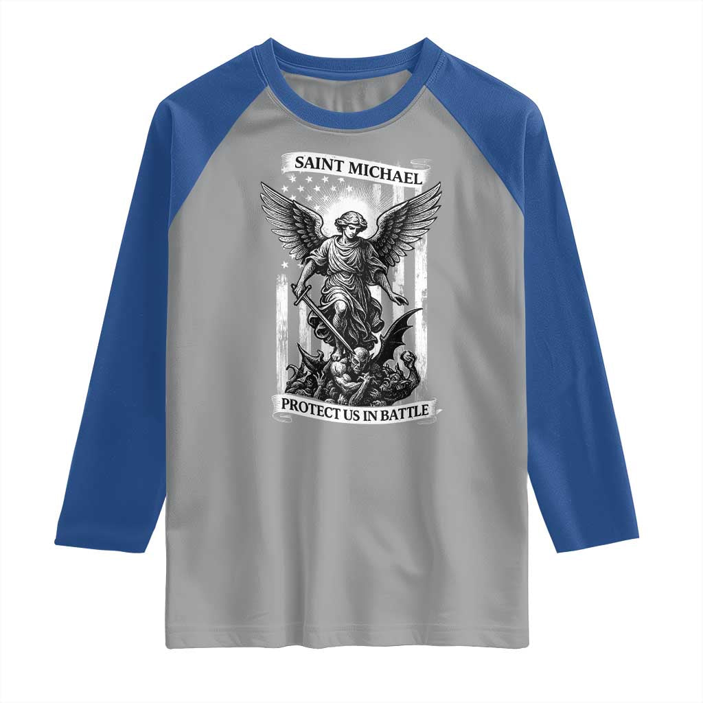 Saint Michael Protect Us In Battle Raglan Shirt American Flag Catholic Christian Faith - Wonder Print Shop