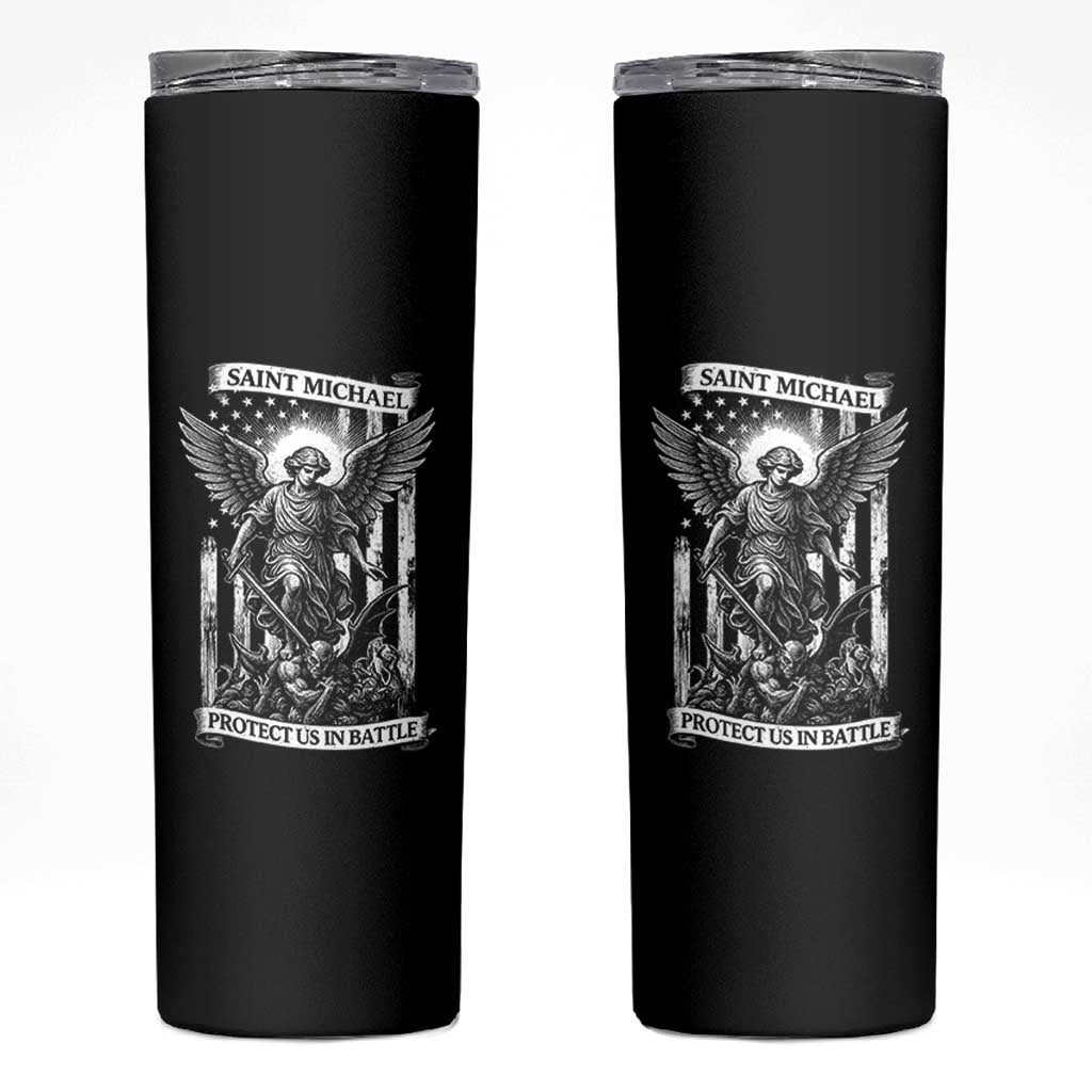 Saint Michael Protect Us In Battle Skinny Tumbler American Flag Catholic Christian Faith - Wonder Print Shop