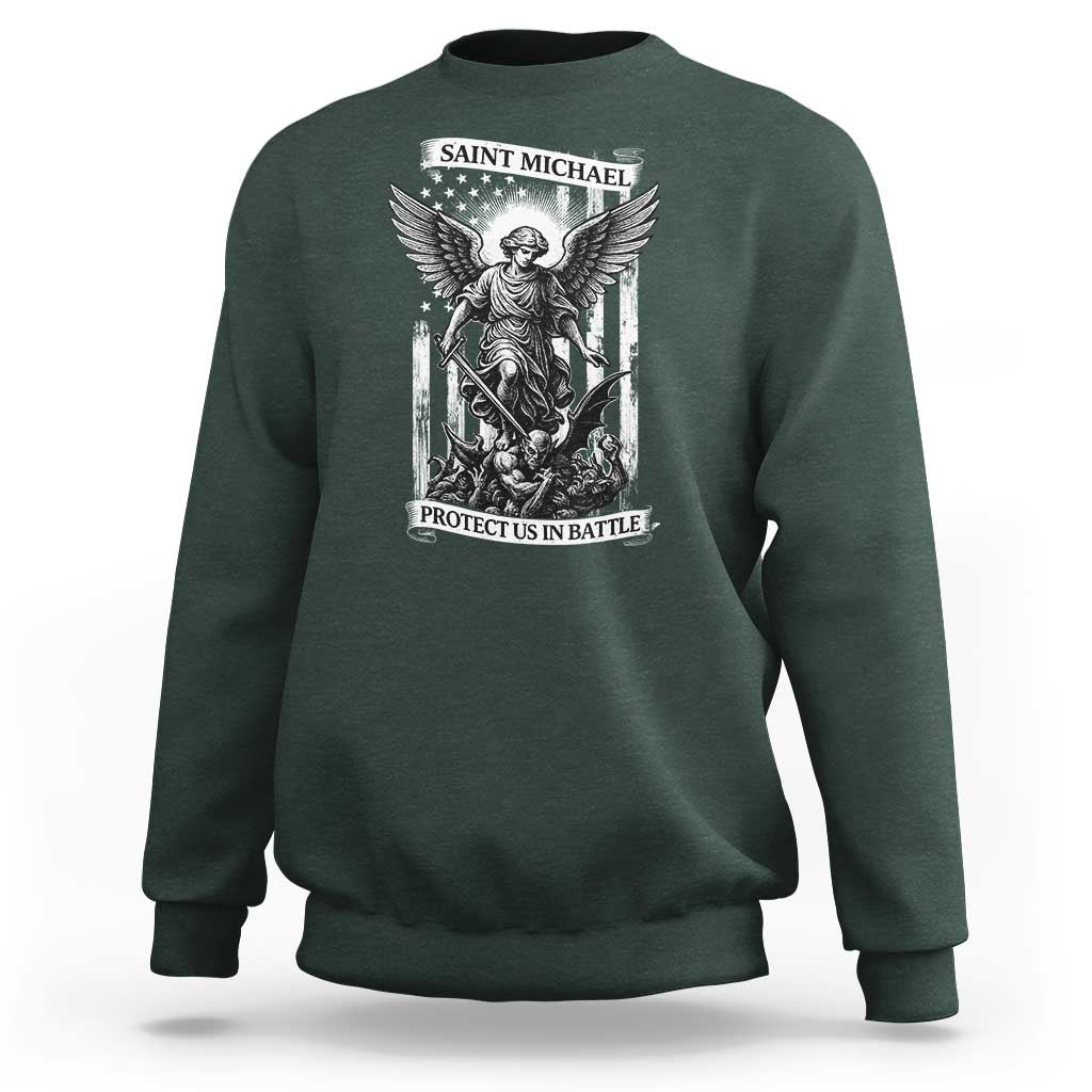 Saint Michael Protect Us In Battle Sweatshirt American Flag Catholic Christian Faith - Wonder Print Shop