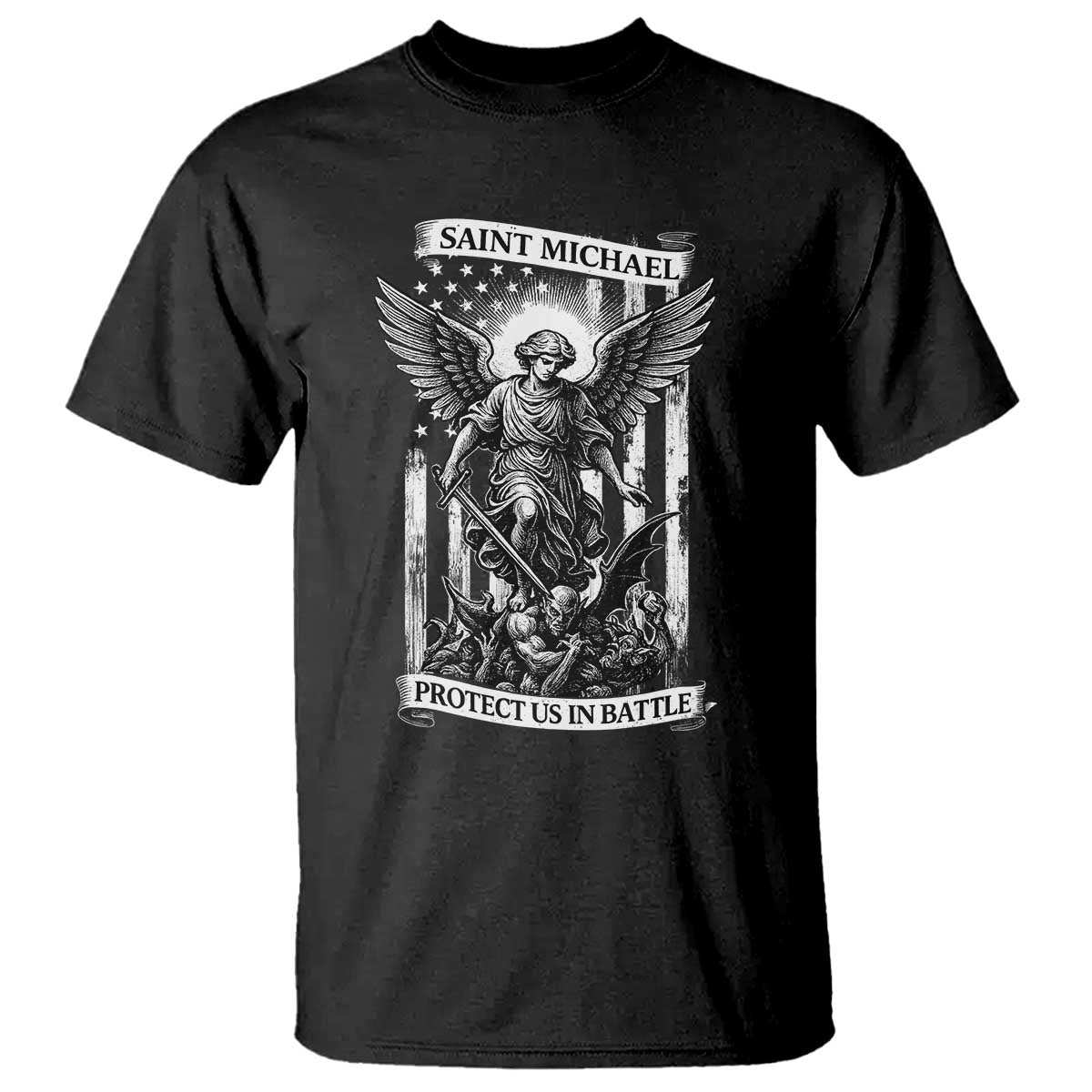 Saint Michael Protect Us In Battle T Shirt American Flag Catholic Christian Faith - Wonder Print Shop