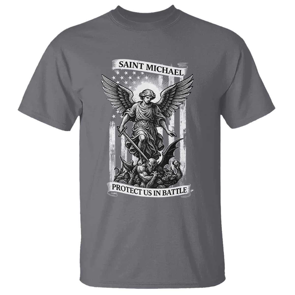 Saint Michael Protect Us In Battle T Shirt American Flag Catholic Christian Faith - Wonder Print Shop