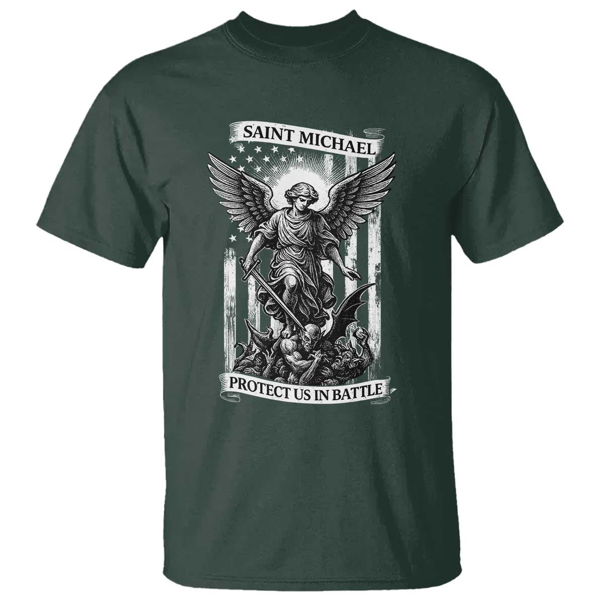 Saint Michael Protect Us In Battle T Shirt American Flag Catholic Christian Faith - Wonder Print Shop