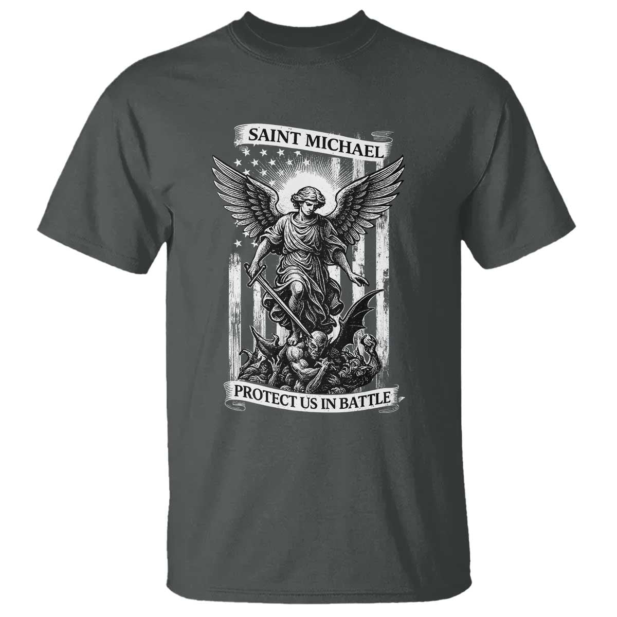 Saint Michael Protect Us In Battle T Shirt American Flag Catholic Christian Faith - Wonder Print Shop