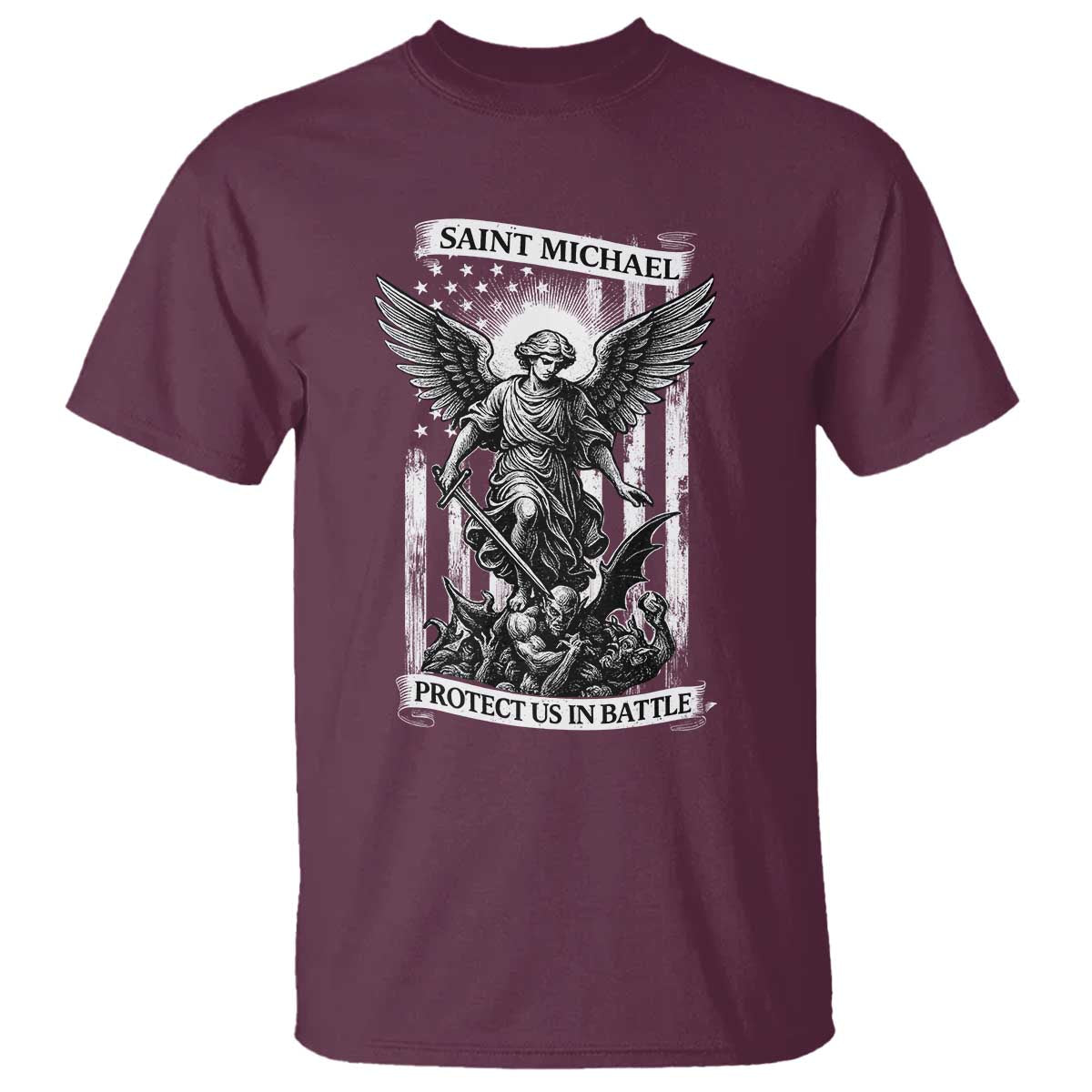 Saint Michael Protect Us In Battle T Shirt American Flag Catholic Christian Faith - Wonder Print Shop
