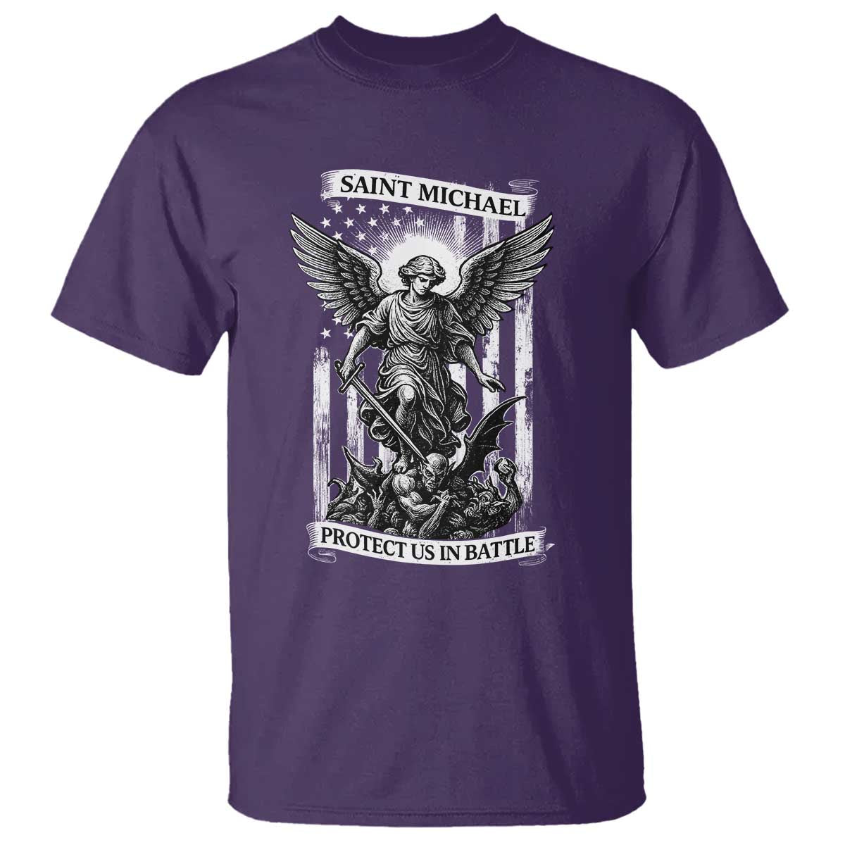 Saint Michael Protect Us In Battle T Shirt American Flag Catholic Christian Faith - Wonder Print Shop