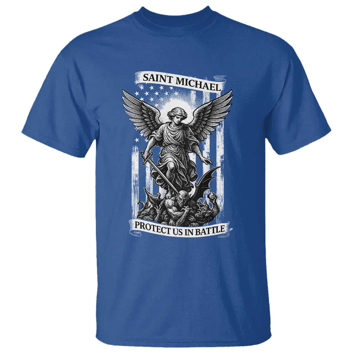 Saint Michael Protect Us In Battle T Shirt American Flag Catholic Christian Faith - Wonder Print Shop