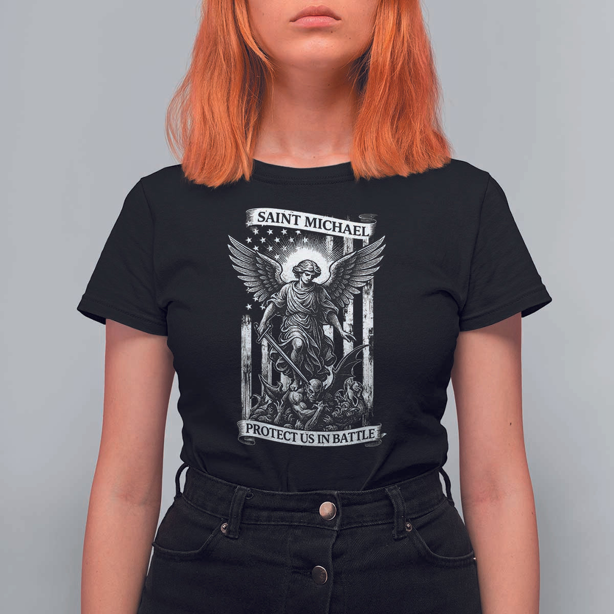 Saint Michael Protect Us In Battle T Shirt For Women American Flag Catholic Christian Faith - Wonder Print Shop