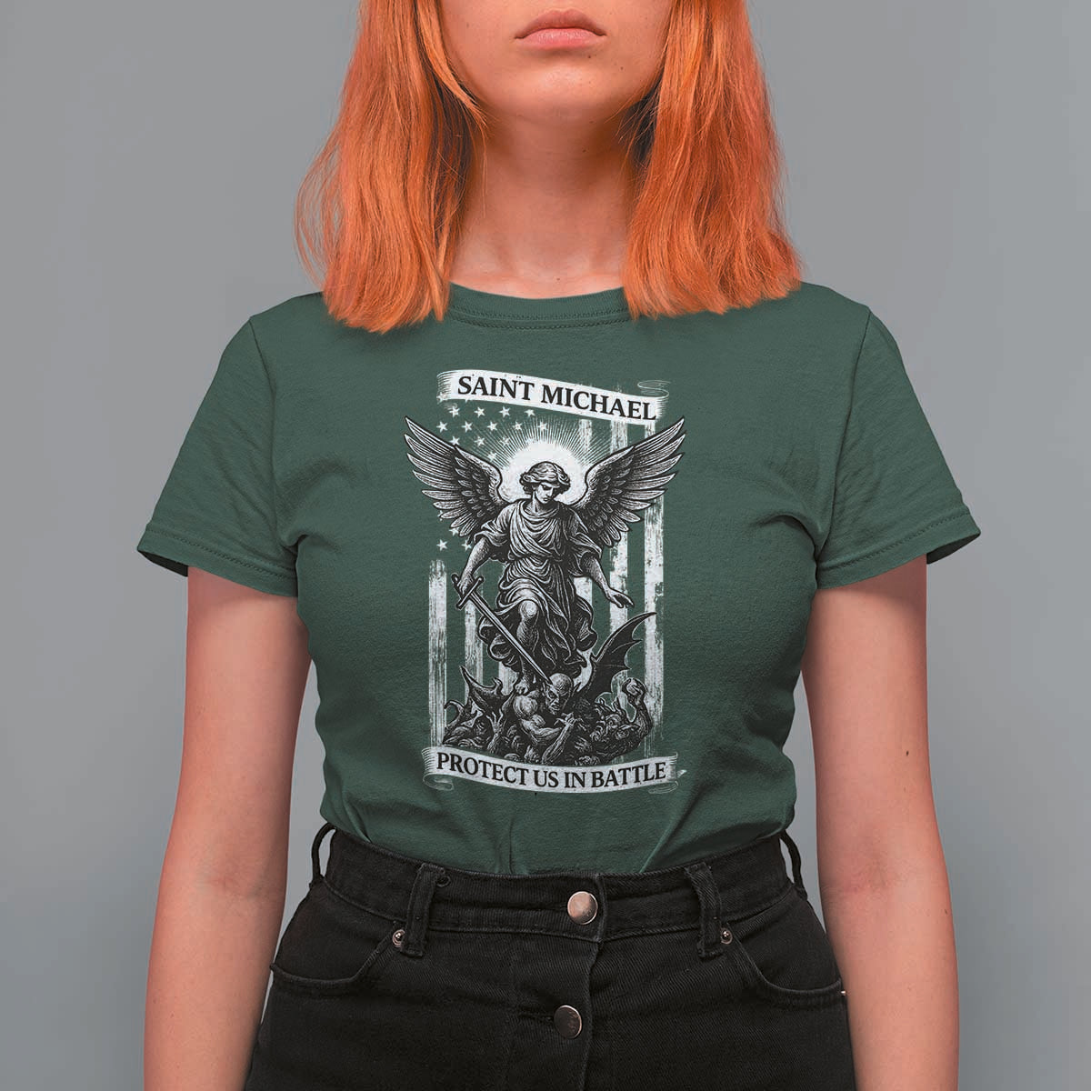 Saint Michael Protect Us In Battle T Shirt For Women American Flag Catholic Christian Faith - Wonder Print Shop