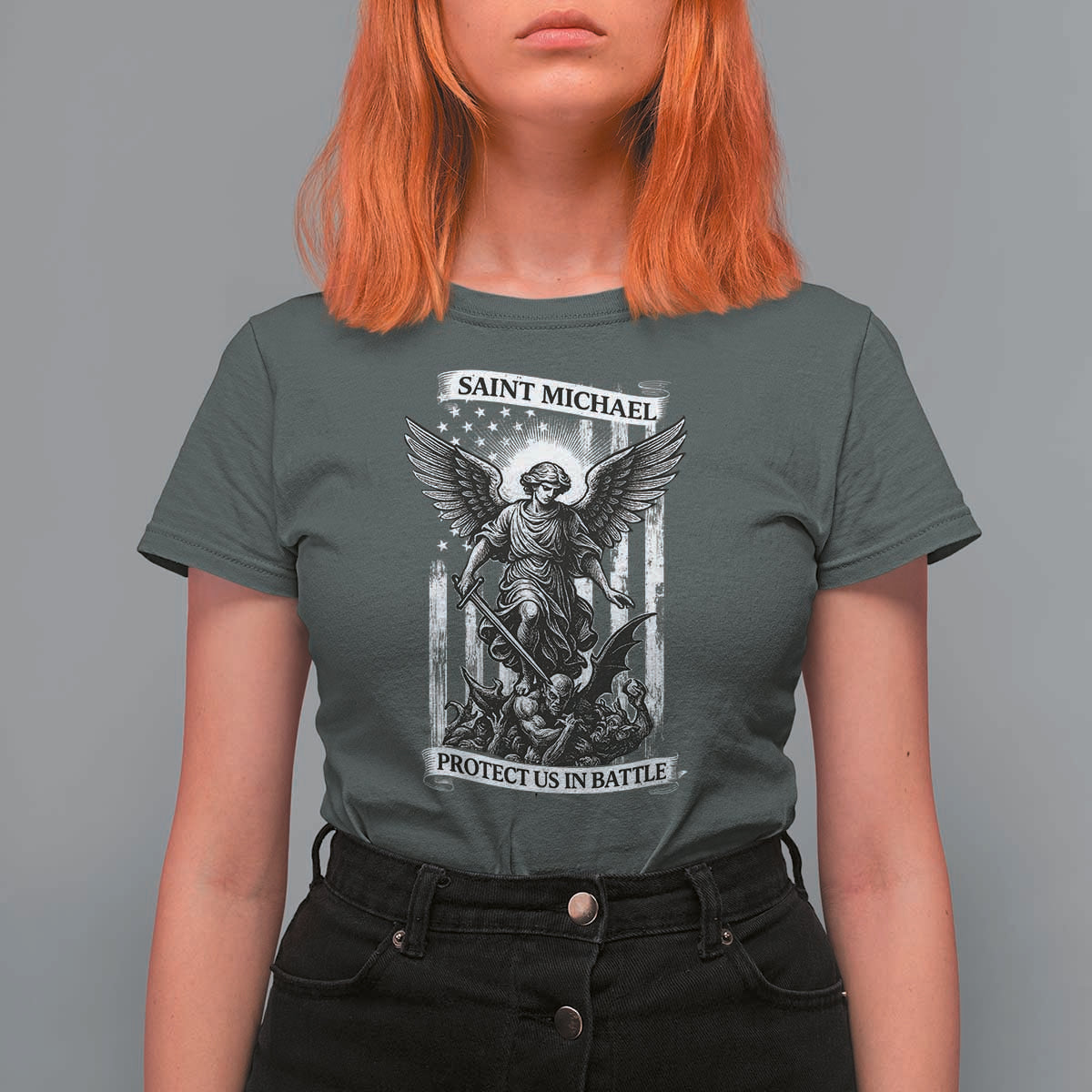 Saint Michael Protect Us In Battle T Shirt For Women American Flag Catholic Christian Faith - Wonder Print Shop