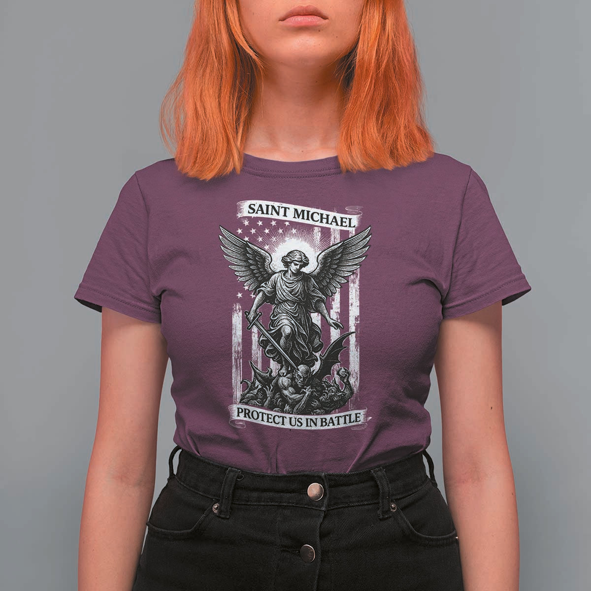 Saint Michael Protect Us In Battle T Shirt For Women American Flag Catholic Christian Faith - Wonder Print Shop