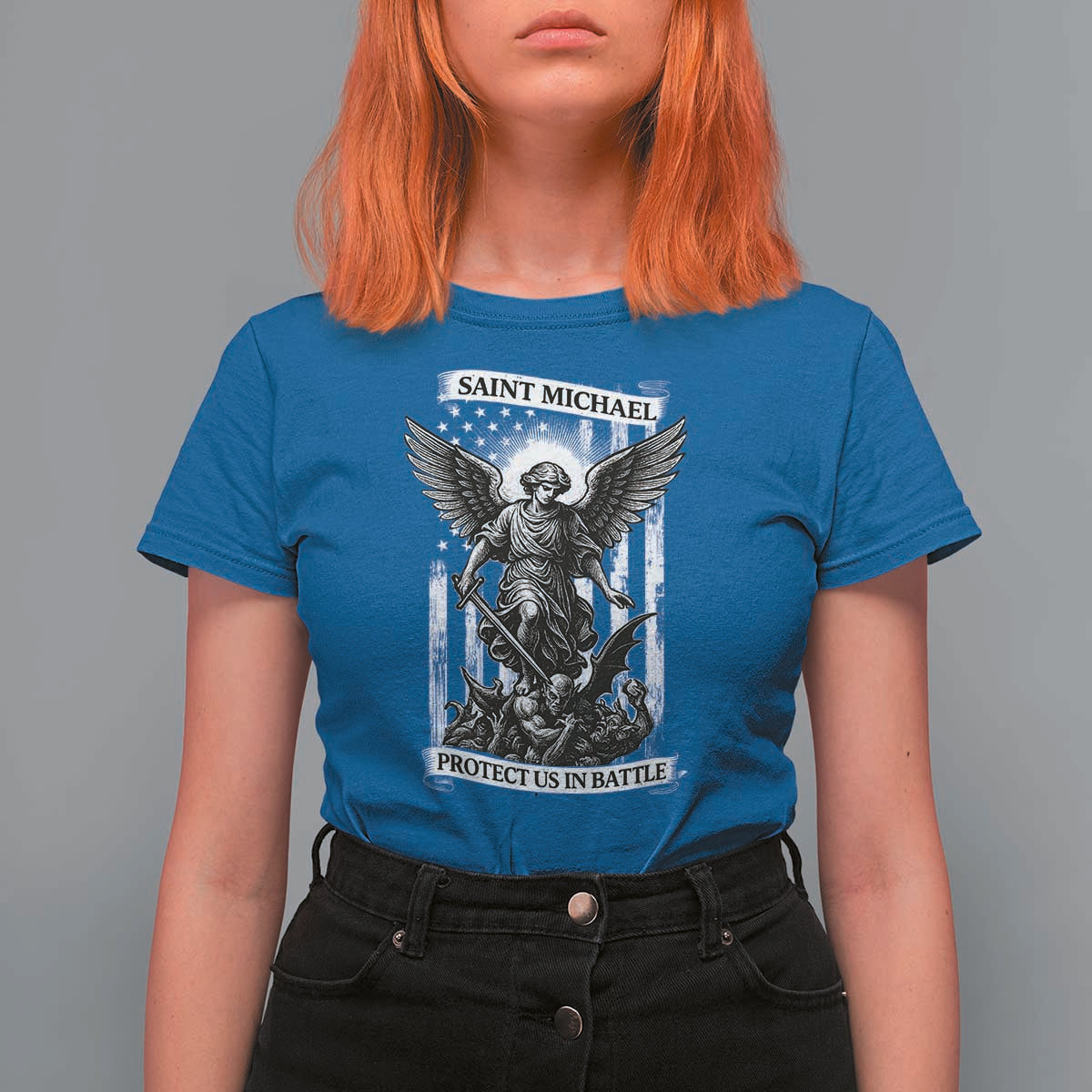 Saint Michael Protect Us In Battle T Shirt For Women American Flag Catholic Christian Faith - Wonder Print Shop