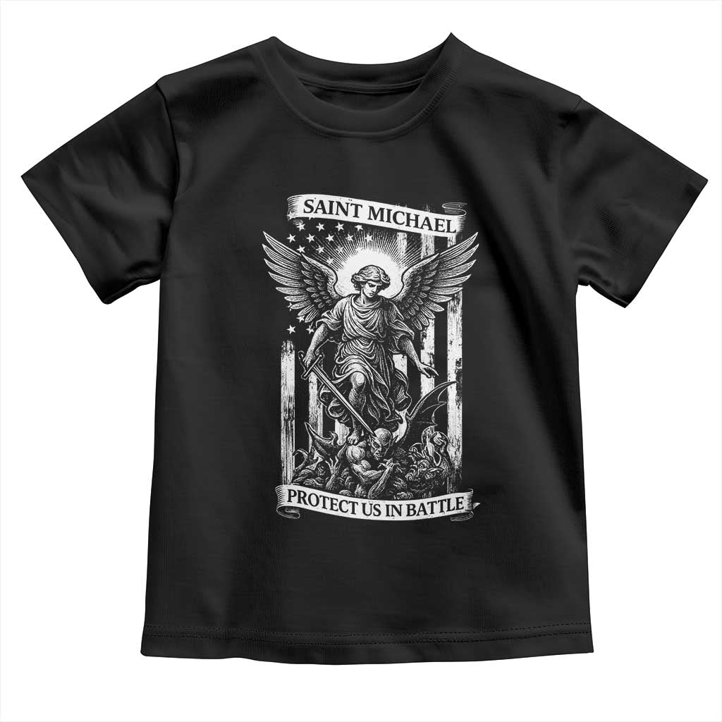 Saint Michael Protect Us In Battle Toddler T Shirt American Flag Catholic Christian Faith - Wonder Print Shop