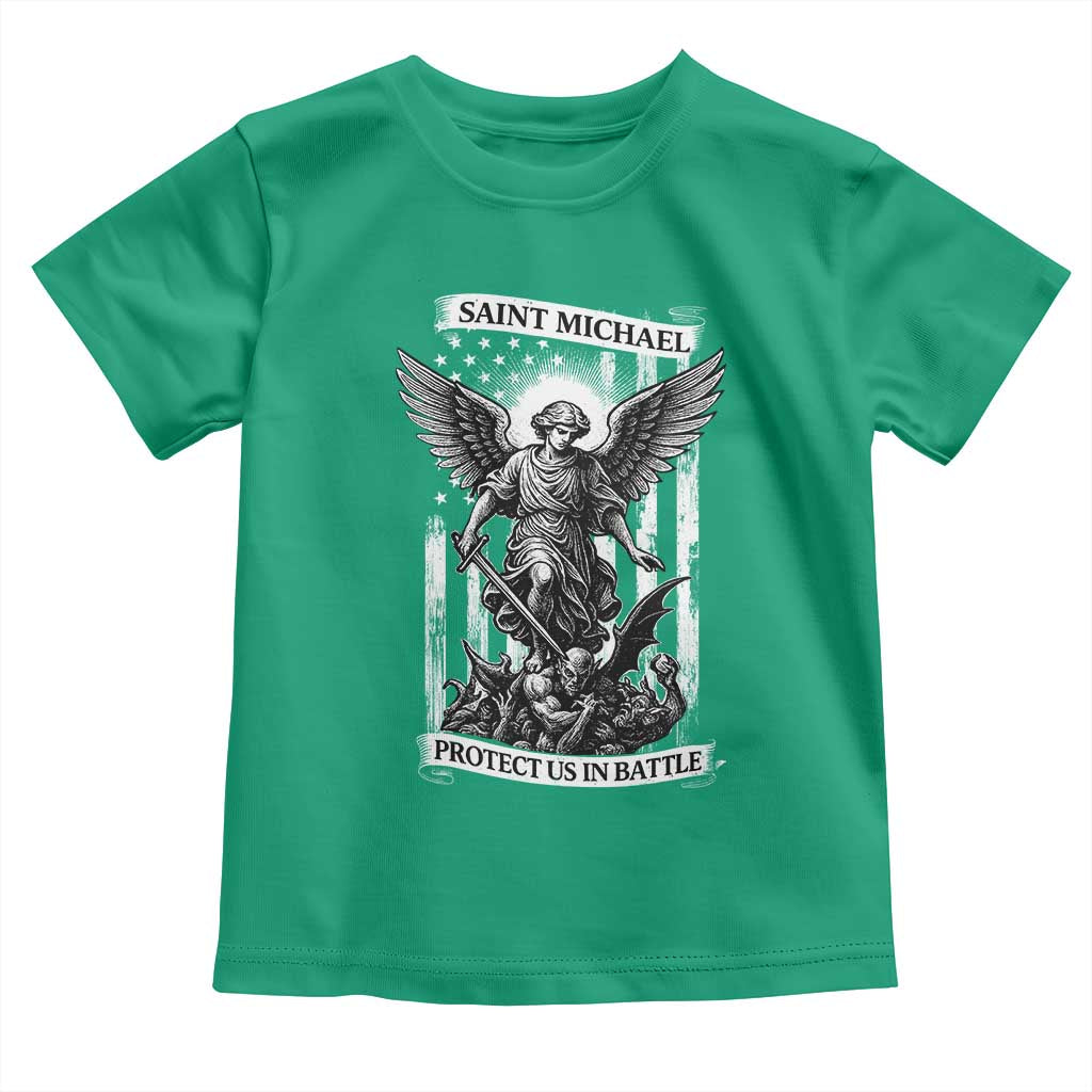 Saint Michael Protect Us In Battle Toddler T Shirt American Flag Catholic Christian Faith - Wonder Print Shop