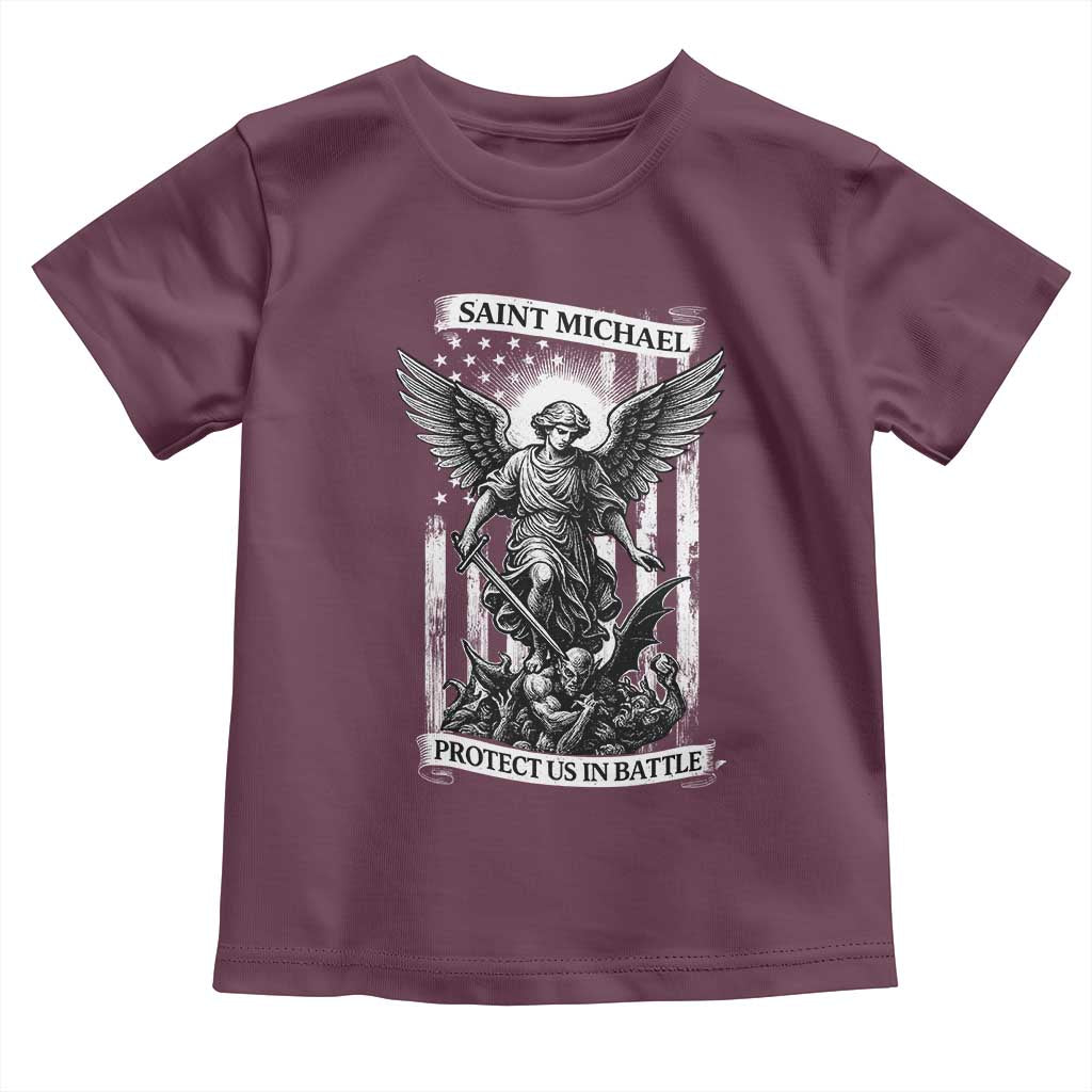 Saint Michael Protect Us In Battle Toddler T Shirt American Flag Catholic Christian Faith - Wonder Print Shop