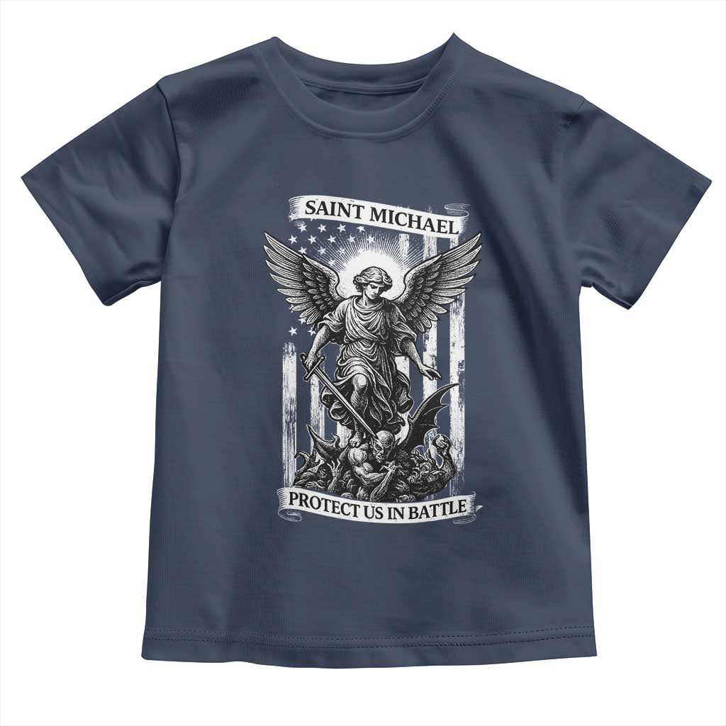 Saint Michael Protect Us In Battle Toddler T Shirt American Flag Catholic Christian Faith - Wonder Print Shop