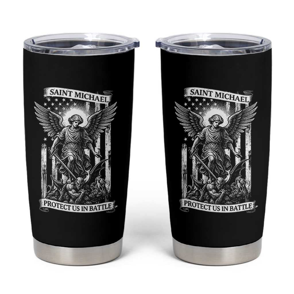 Saint Michael Protect Us In Battle Tumbler Cup American Flag Catholic Christian Faith - Wonder Print Shop